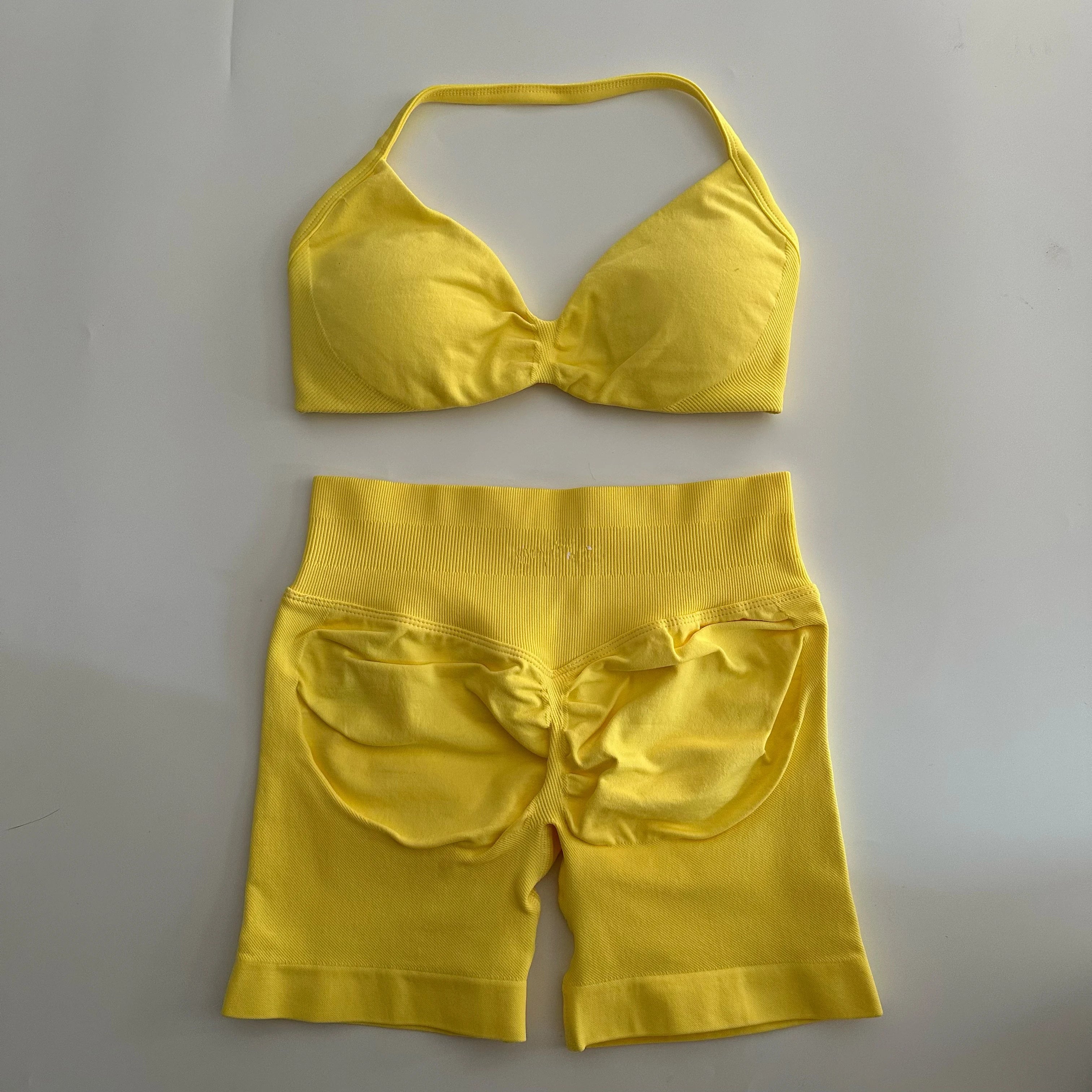 No Logo Yoga Gym Set Women Seamless Strappy Yoga Bra Top High Waist Workout Scrunch Shorts Sports Set Fitness Clothes Sportswear